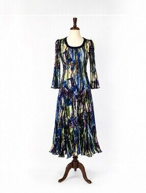NWT Alberto Makali Pleated Midi Dress M Blue Green Abstract Beaded Velvet Trim